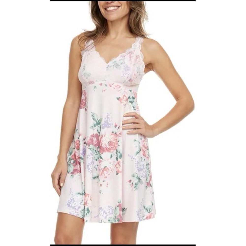 Flora Nikrooz Pink Floral‎ Chemise Nightgown Soft Knit Lace Bodice Womens L